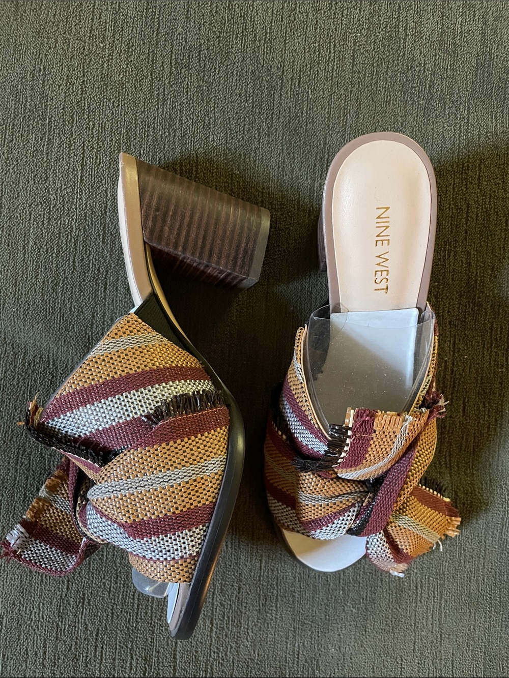 Nine West Striped Knot Block Heel Mules in Burgundy, Tan & Cream